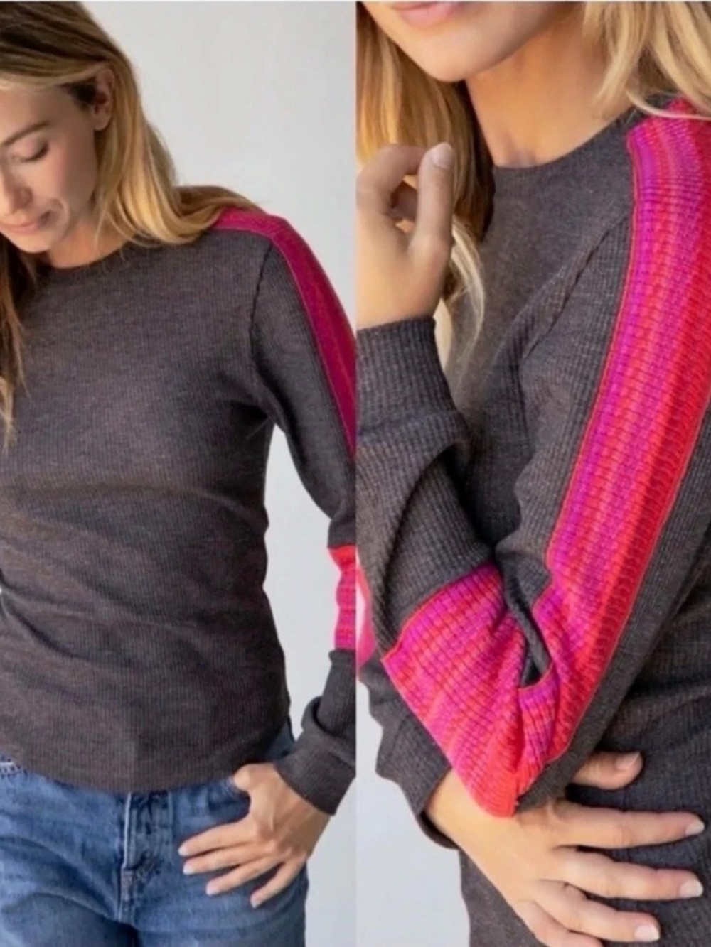 Natural Life Color Block Long Sleeve Top in Gray & Pink Size Large Like